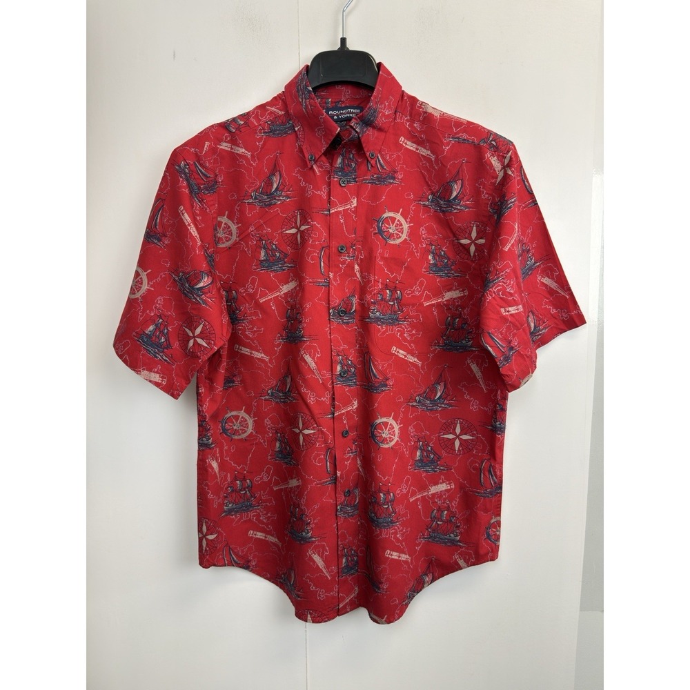 Roundtree & Yorke Men's M Short Sleeve Nautical Sailboats Button Up‎ Shirt Red